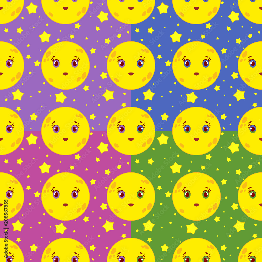 Set of seamless patterns of cartoon smiling moons with stars on a colored background Set of seamless patterns of cartoon smiling moons with stars on a colored background