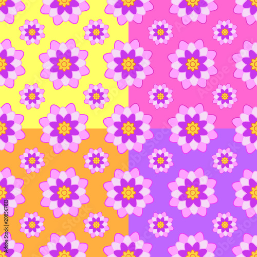 Set of seamless patterns of pink flowers on a yellow, pink, orange and purple background © PlatypusMi86