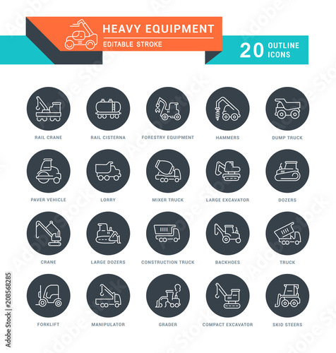 Set Vector Line Icons of Heavy Equipment.