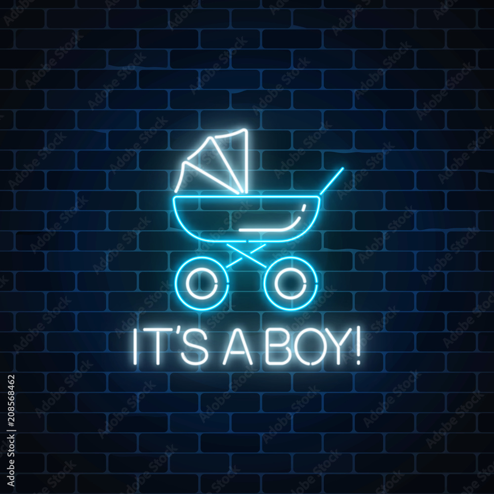 Glowing neon sign with congratulations on the birth of a baby boy. Baby carriage symbol Glowing neon sign with congratulations on the birth of a baby boy. Baby carriage symbol