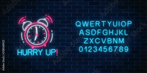 Glowing neon sign with alarm clock, hurry up text and alphabet. Call to action symbol with cheering inscription