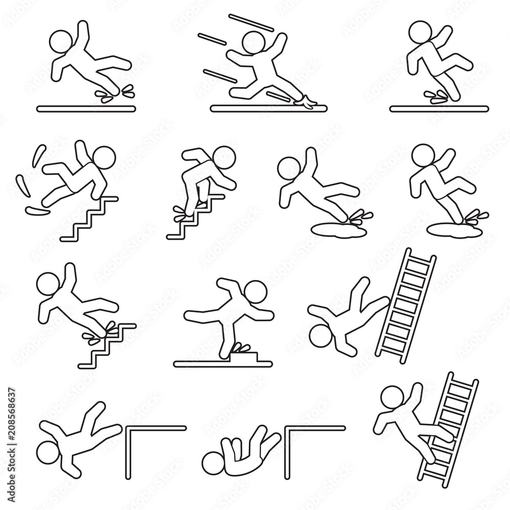 People falling or slipping thin line icon set. Vector. People falling or slipping thin line icon set. Vector.