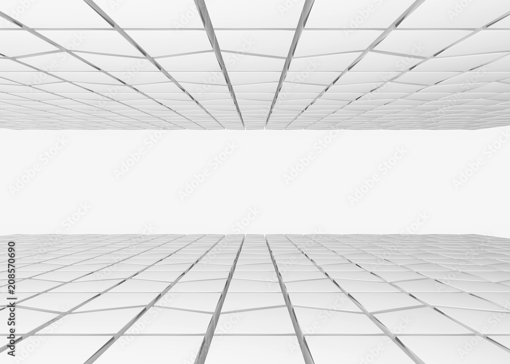 3d rendering. gray trapezoid shape pattern tiles ceiling and floor background. 3d rendering. gray trapezoid shape pattern tiles ceiling and floor background.