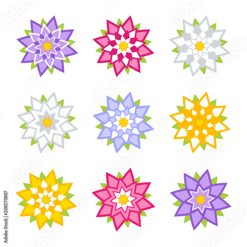 Set of flat colored abstract flowers isolated on white background. Simple design for decoration © PlatypusMi86