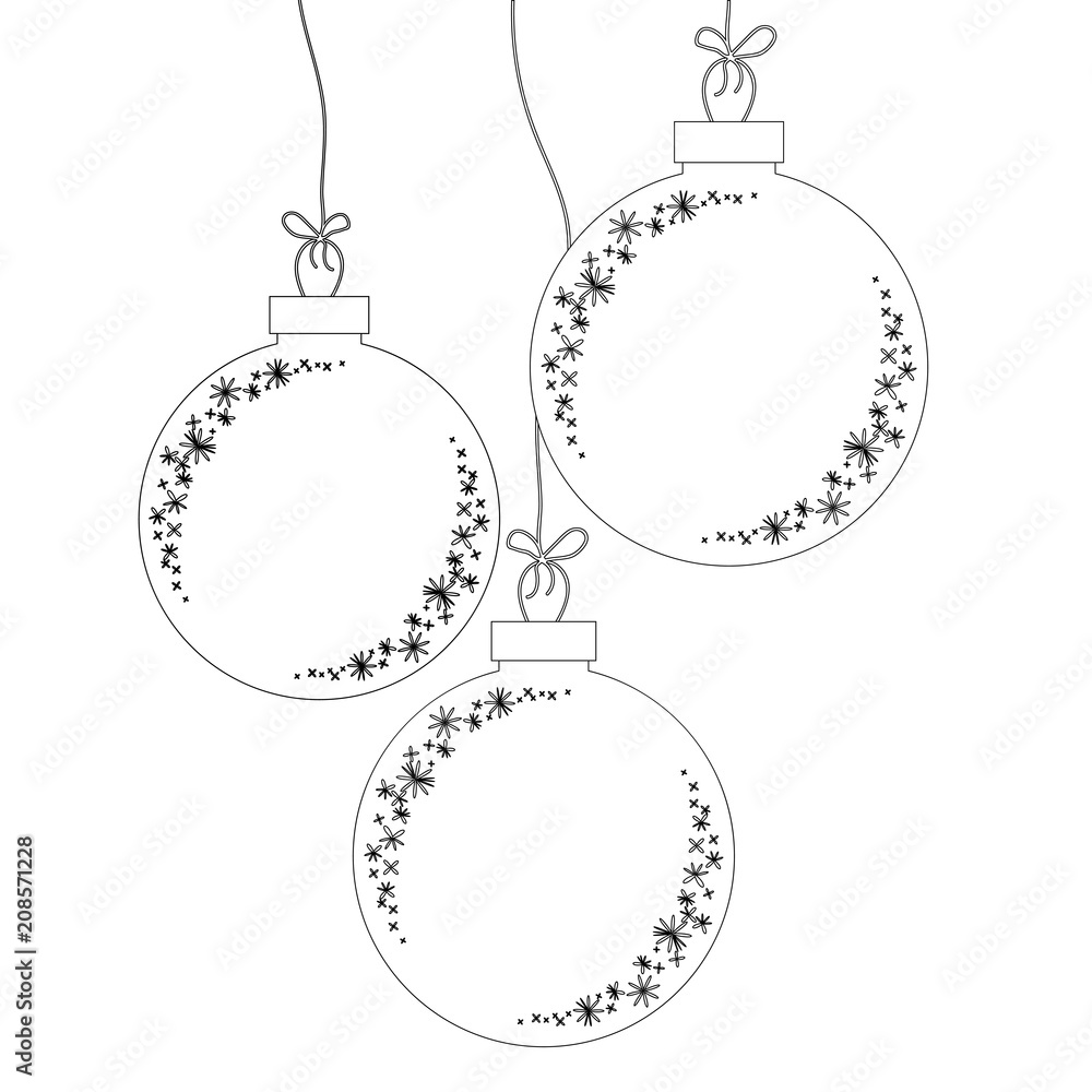 Set of flat isolated silhouettes of Christmas toys balls . The white object with a black outline Set of flat isolated silhouettes of Christmas toys balls . The white object with a black outline