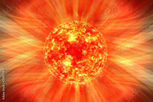 Extreme solar storm, solar flares. Sunburst rays of sunlight. Bright luminous sun with light effect, sunshine with lens flare. Orange sun light background. 3d illustration