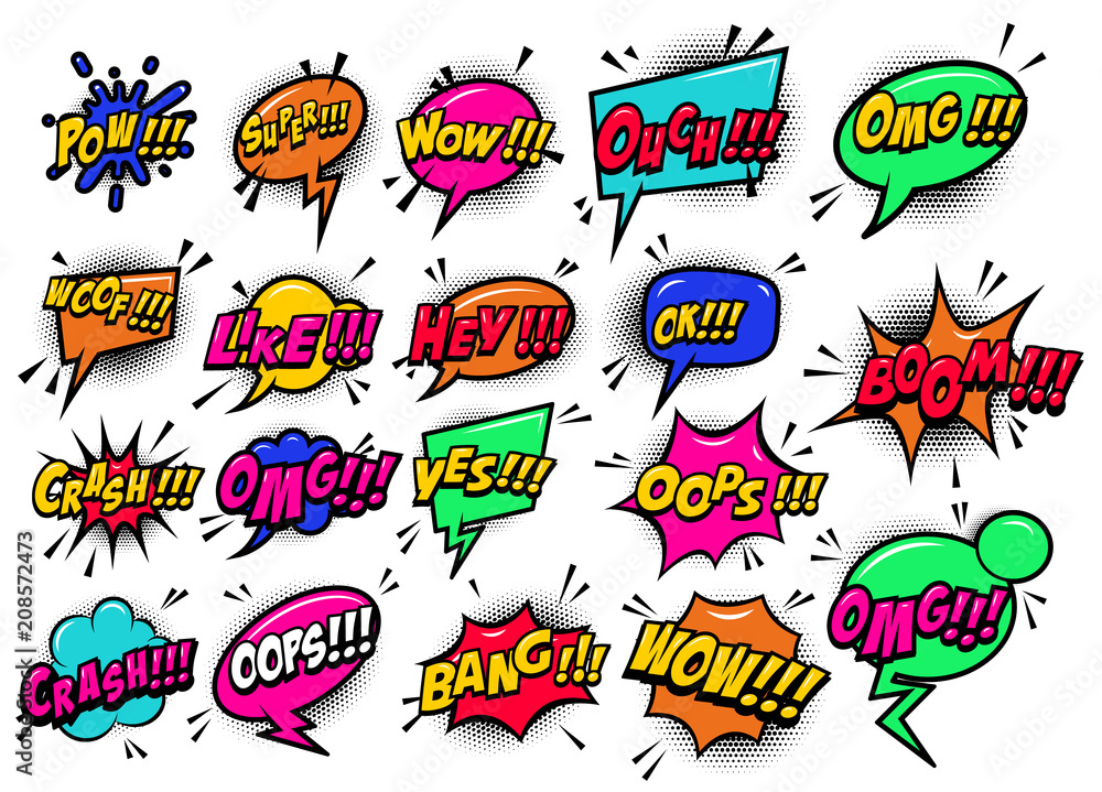 Comic speech bubbles burst the boom, wow, hey, ok, omg, crash. For poster, card, banner, flyer. Comic speech bubbles burst the boom, wow, hey, ok, omg, crash. For poster, card, banner, flyer.