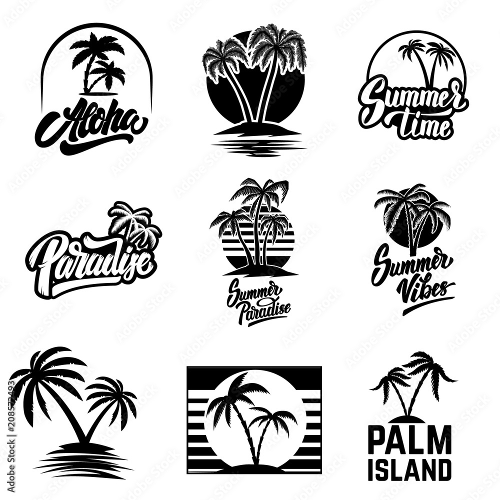 Set of summer emblems and design elements. Design element for logo, label, poster, print, card, banner, sign. Set of summer emblems and design elements. Design element for logo, label, poster, print, card, banner, sign.