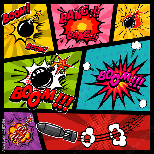 Comic page mockup with color background. Bomb, dynamite, explosions. Design element for poster, card, print, banner, flyer.