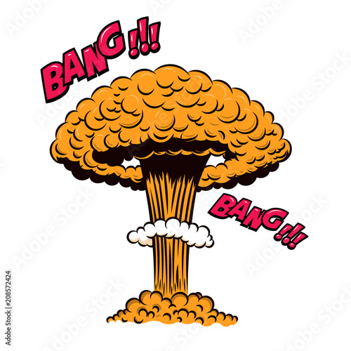 Comic style nuclear explosion on white background. Design element for poster, card, banner, flyer.