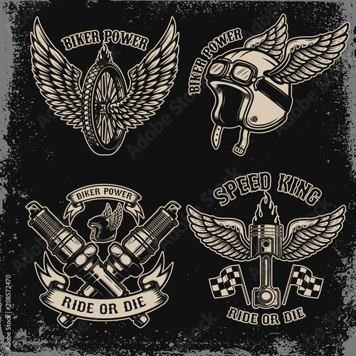 Set of vintage biker motorcycle emblems on dark background. For logo, label, sign, prints.