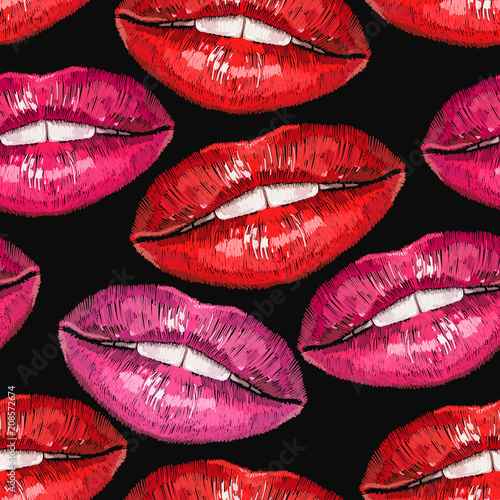 Embroidery lips. Sexy wet lip make-up pattern. Fashion template for clothes, textiles, t-shirt design. Cosmetics and makeup seamless pattern. Sweet kiss fashion art