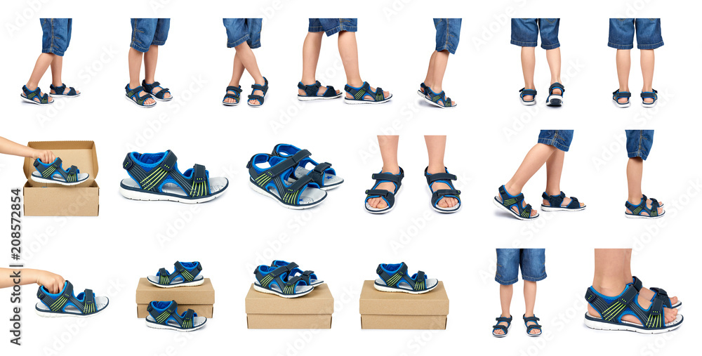 set of different Kids leather sandals on leg isolated on a white background set of different Kids leather sandals on leg isolated on a white background