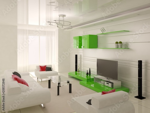 Large bright living room with modern comfortable furniture and stylish light background.