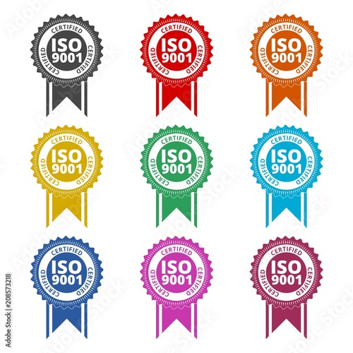 ISO 9001 certified sign icon, color icons set