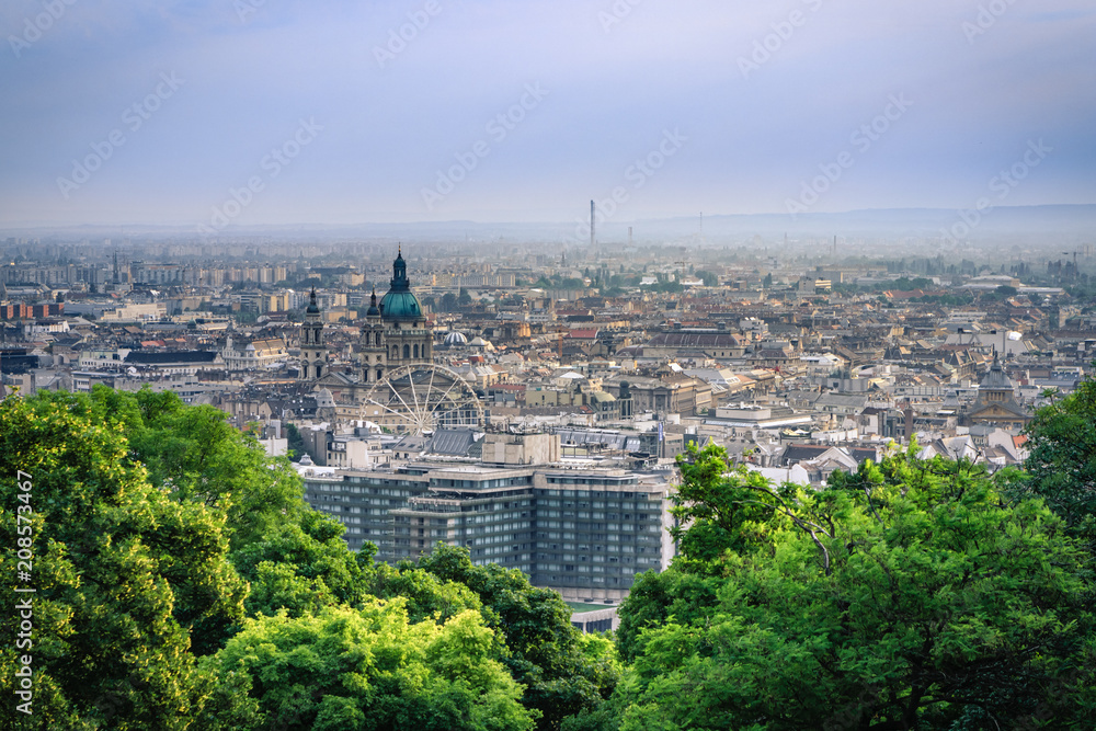 Budapest and the Danube river behind the green trees of a park on Gellert Hill at morning sunlight Budapest and the Danube river behind the green trees of a park on Gellert Hill at morning sunlight