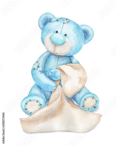 Blue teddy bear with a towe...