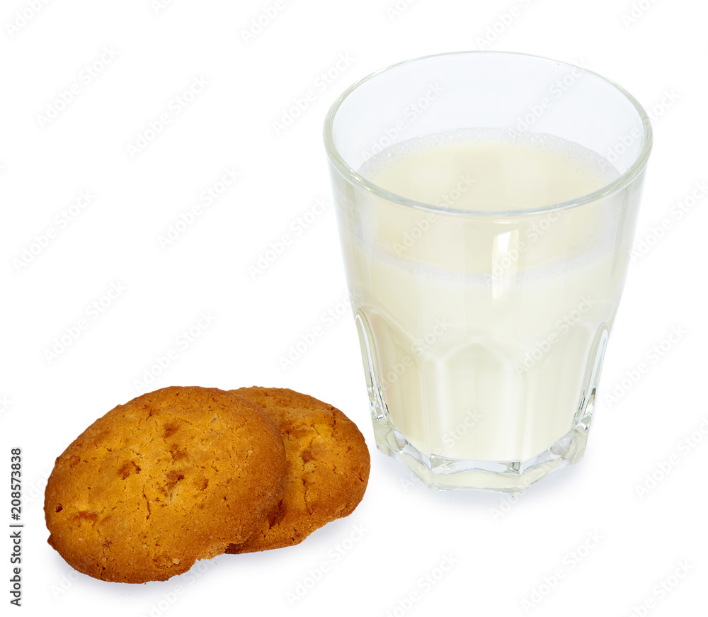Glass of milk and homemade cookies isolated on white background Glass of milk and homemade cookies isolated on white background