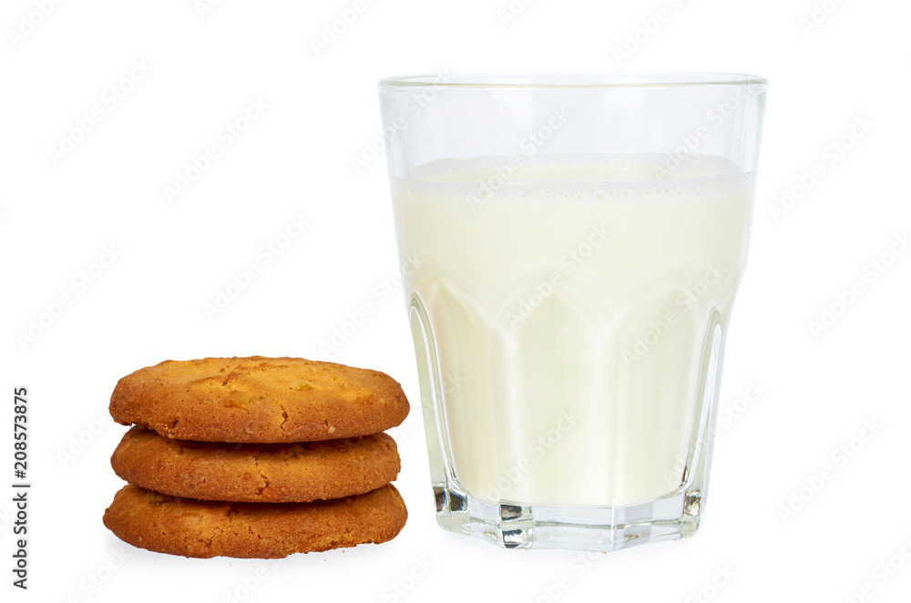 Glass of milk and homemade cookies isolated on white background Glass of milk and homemade cookies isolated on white background