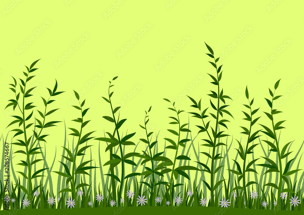 Fototapeta premium Seamless Horizontal Background, Nature, Landscape with Fresh Green Grass, Leaves and Lilac Flowers on Yellow, Tile Pattern for Your Design. Vector