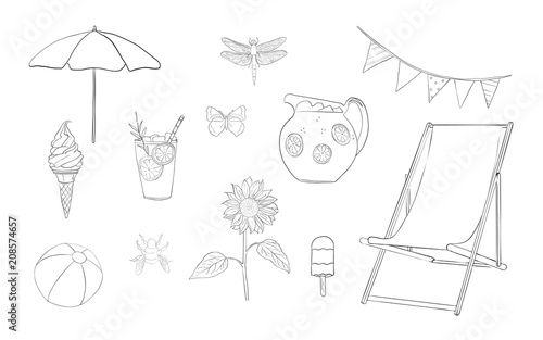 Hand drawn lineart summer vacation set, vector