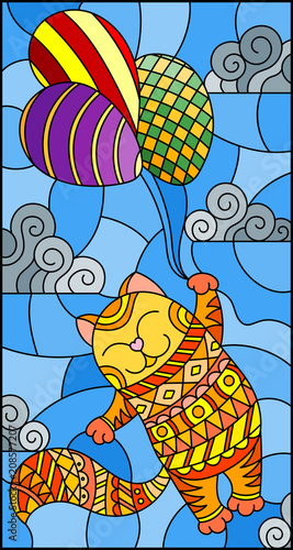 Illustration in stained glass style with funny red cat flying on balloons on the background of sky and clouds