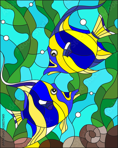Illustration in stained glass style with a with a pair of striped yellow-blue fishes on the background of water and algae