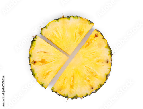 sliced pineapple isolated on white background ,top view ,flat lay