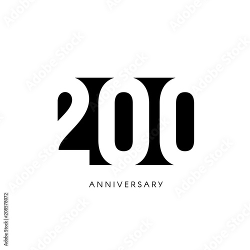 Two hundred anniversary, minimalistic logo. Two-hundredth years, 200th jubilee, greeting card. Birthday invitation. 200 year sign. Black negative space vector illustration on white background.