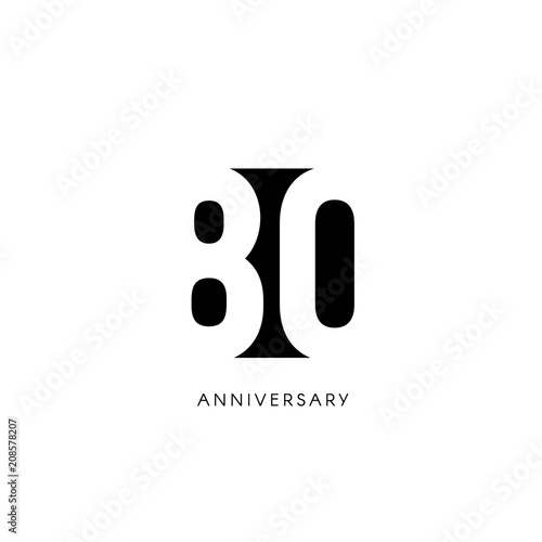 Eighty anniversary, minimalistic logo. Eightieth years, 80th jubilee, greeting card. Birthday invitation. 80 year sign. Black negative space vector illustration on white background.
