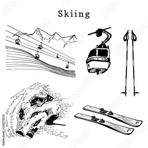 Vector hand sketches of skiing elements.Illustration set for poster, label etc.