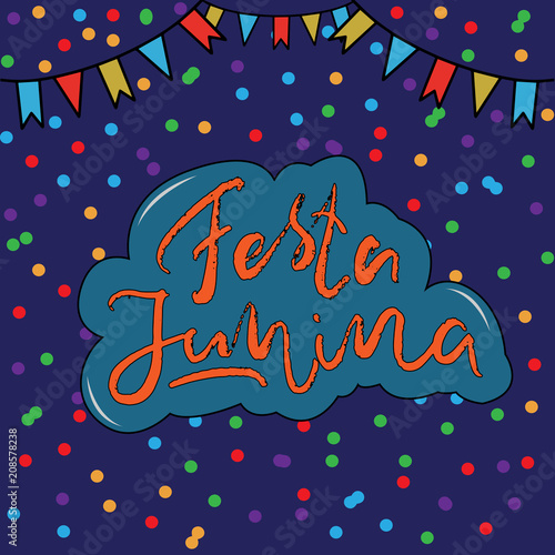 Festa Junina (June Festival in Portuguese language) Illustration with Party Flags and confetti on  dark Background. Brazil June Festival Design for Greeting Card, Invitation or Holiday Poster. Vector.