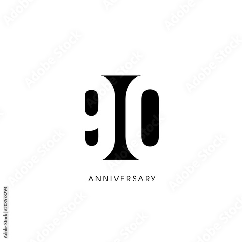 Ninety anniversary, minimalistic logo. Ninetieth years, 90th jubilee, greeting card. Birthday invitation. 90 year sign. Black negative space vector illustration on white background.