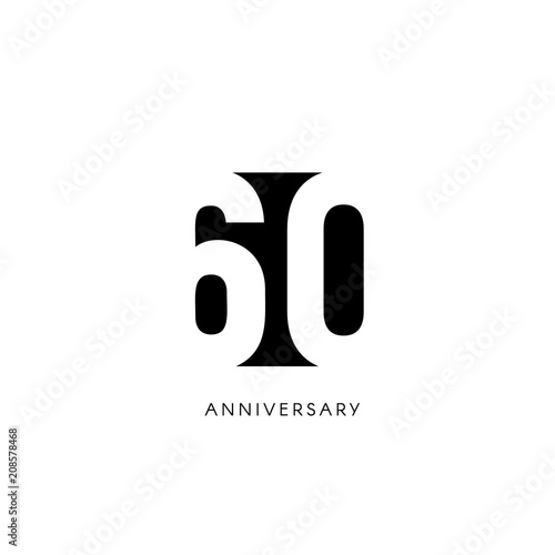 Sixty anniversary, minimalistic logo. Sixtieth years, 60th jubilee, greeting card. Birthday invitation. 60 year sign. Black negative space vector illustration on white background. photo