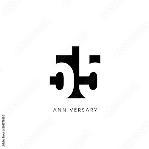 Fifty five anniversary, minimalistic logo. Fifty fifth years, 55th jubilee, greeting card. Birthday invitation. 55 year sign. Black negative space vector illustration on white background.