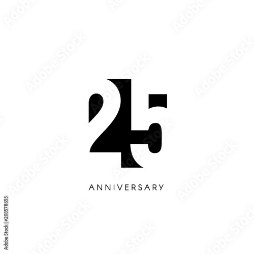 Twenty five anniversary, minimalistic logo. Twenty fifth years, 25th jubilee, greeting card. Birthday invitation. 25 year sign. Black negative space vector illustration on white background.