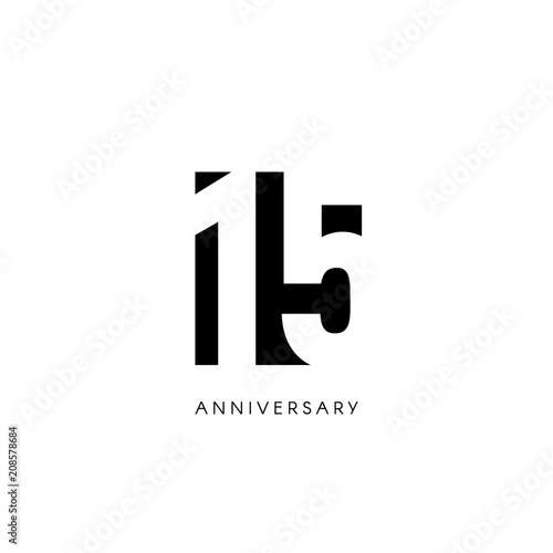 Fifteen anniversary, minimalistic logo. Fifteenth years, 15th jubilee, greeting card. Birthday invitation. 15 year sign. Black negative space vector illustration on white background.