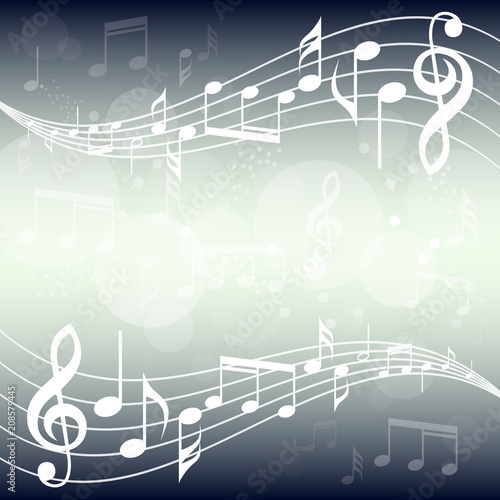 Blue gradient music background illustration. Curved stave with music notes square background.
