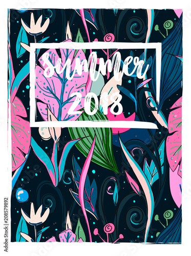 Summer card design. Hand drawn leaves, flowers. Tropical life, sea life. Print colorful modern textile, pattern, jungle doodle theme, abstract sketch art. 