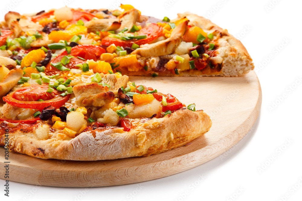 Pizza with chicken and vegetables on white background Pizza with chicken and vegetables on white background