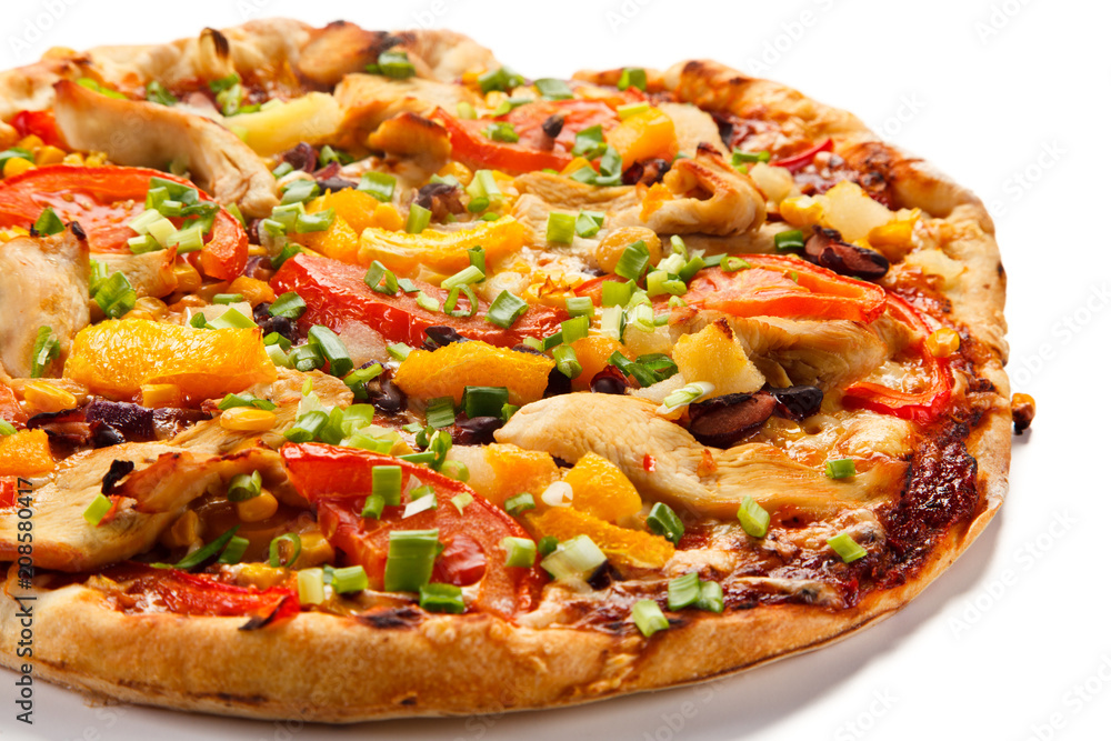 Pizza with chicken and vegetables on white background