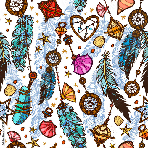 Ethnic feather seamless pattern in boho style.