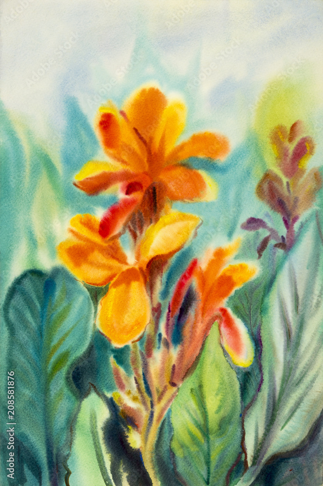  Watercolor painting original landscape orange color of Canna lily flowers
