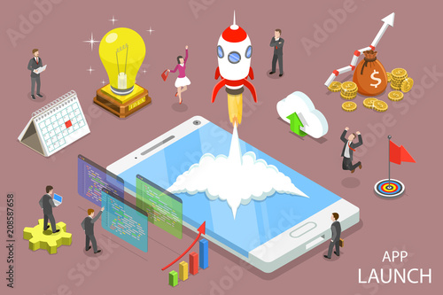 Flat isometric vector concept of app launch, startup idea, mobile development.