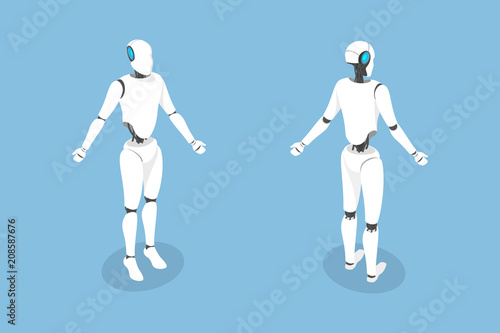 Flat isometric vector illustration. Fron and back view of a cyborg.