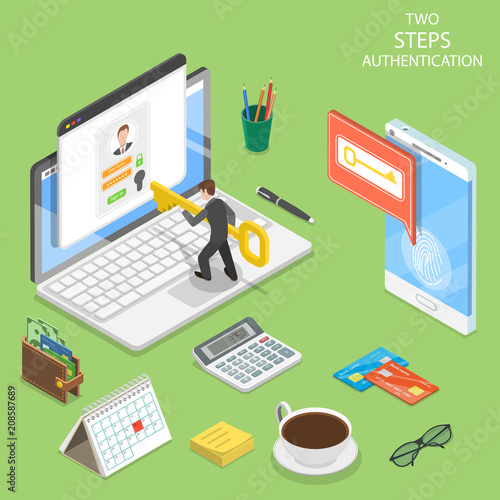 Flat isometric vector concept of two steps verification, multi factor authentication.