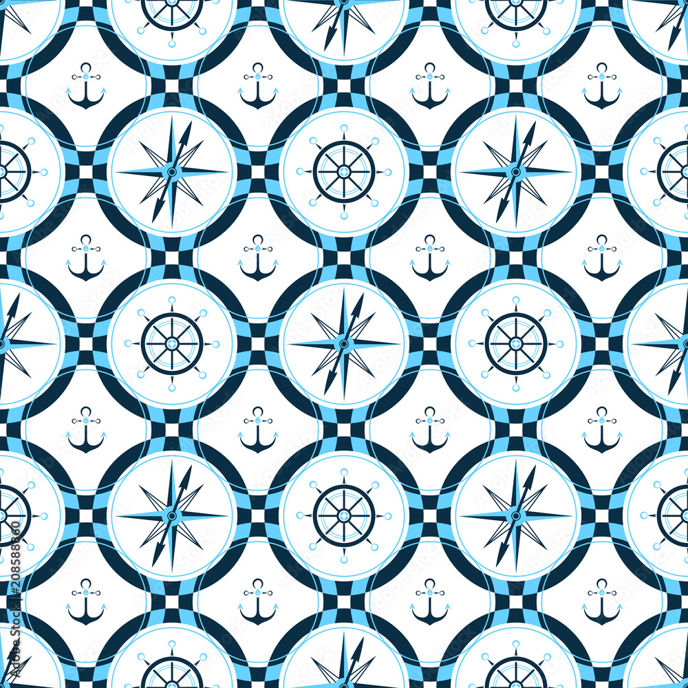 Ship anchor, steering wheel, compass. Design of packing paper, wallpaper, seamless pattern for fabrics in marine style Ship anchor, steering wheel, compass. Design of packing paper, wallpaper, seamless pattern for fabrics in marine style