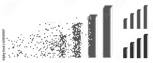 Gray vector 3d bar chart icon in fractured, pixelated halftone and undamaged whole variants. Disintegration effect uses square dots. Fragments are composed into dissipated 3d bar chart symbol.