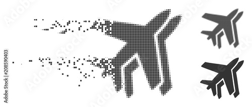 Gray vector airlines icon in dispersed, dotted halftone and undamaged whole versions. Disintegration effect involves rectangular particles. Particles are combined into dissolving airlines figure.