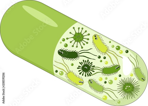 Capsules with green probiotics bacteria. Concept of healthy nutrition ingredient for therapeutic purposes.